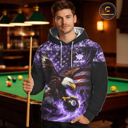 Purple Flaming Eagle 8 Ball Pool Hoodie For Men And Women Custom American Flag Billiard Hoodie TDM5728