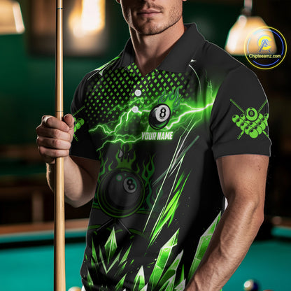 Personalized Green Icy Lightning 8 Ball Pool Men Polo Shirts Custom Billiard Team League Jersey TDM1443