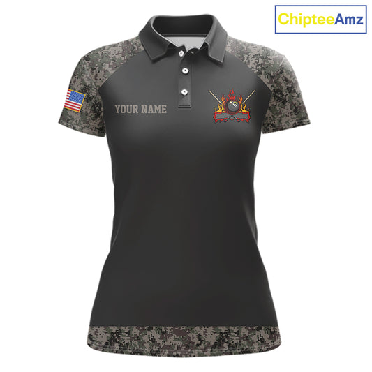 Personalized Retro Camo US Flag Billiard Shirt For Women, 8 Ball Pool Team Jersey Polo & 1/4 Zip TDM6336