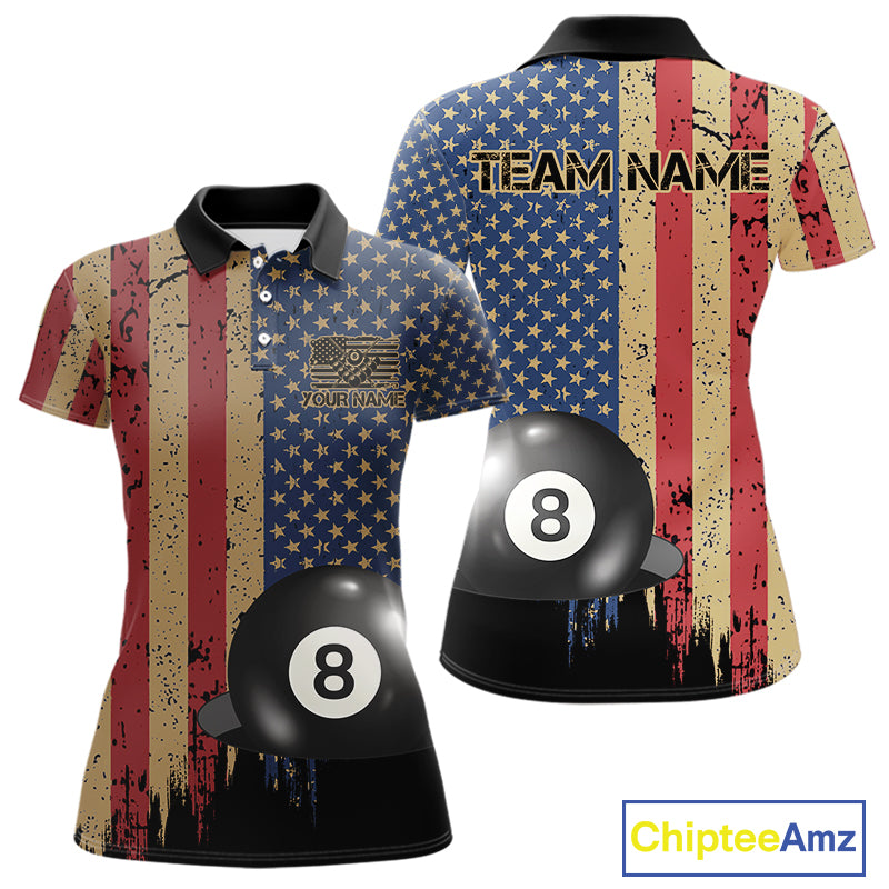 Vintage American Flag 8 Ball Billiard Shirts For Women Custom Patriotic Pool Team Jerseys TDM3998