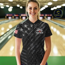 Load image into Gallery viewer, Woman wearing a black American flag wings bowling quarter zip jersey during tournament play front view.