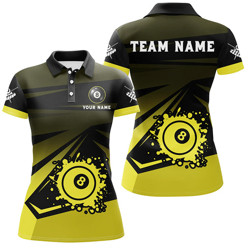 Personalized Grunge 8 Ball Pool Billiard Shirts For Ladies Custom Name Yellow Black Billiard Jerseys TDM2022