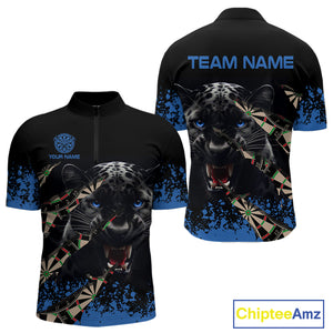 Black And Blue Grunge Panther Darts Shirt Polo & Quarter Zip For Men Custom Darts Team Jersey TDM4582