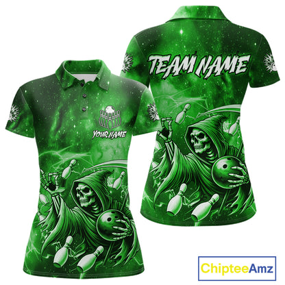 Funny Green Grim Reaper Galaxy Bowling Shirt For Women Custom Bowling Team Jersey Polo & 1/4 Zip TDM7247