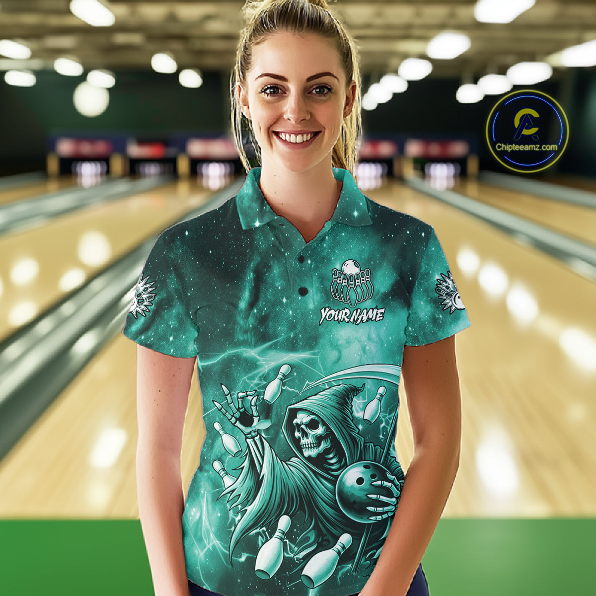 Funny Teal Grim Reaper Galaxy Bowling Shirt For Women Custom Bowling Team Jersey Polo & 1/4 Zip TDM7248
