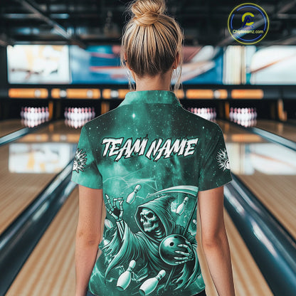 Funny Teal Grim Reaper Galaxy Bowling Shirt For Women Custom Bowling Team Jersey Polo & 1/4 Zip TDM7248