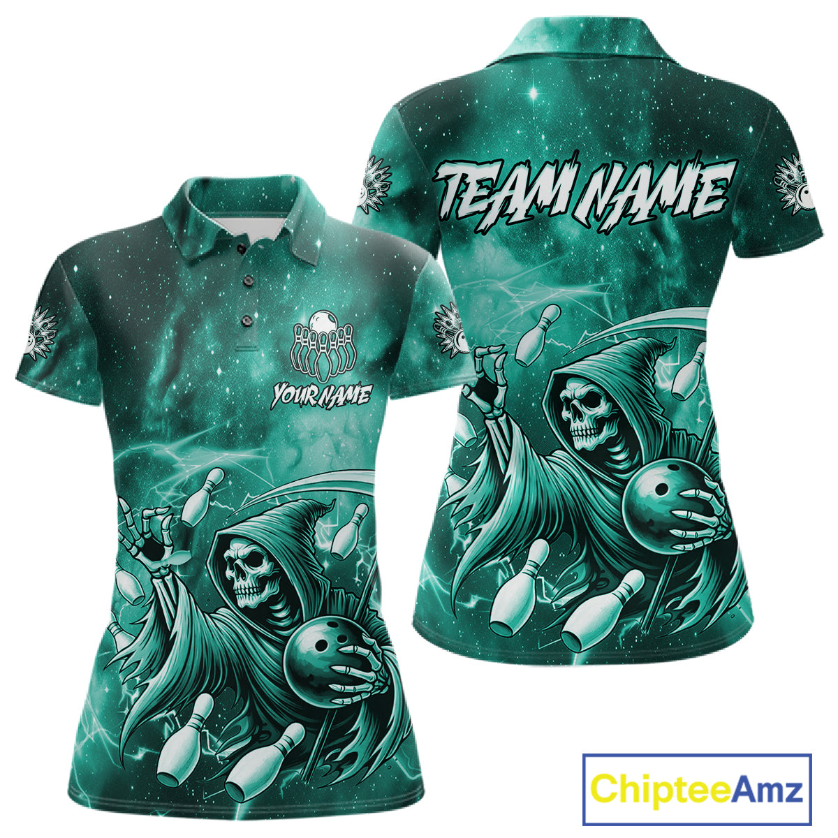 Funny Teal Grim Reaper Galaxy Bowling Shirt For Women Custom Bowling Team Jersey Polo & 1/4 Zip TDM7248