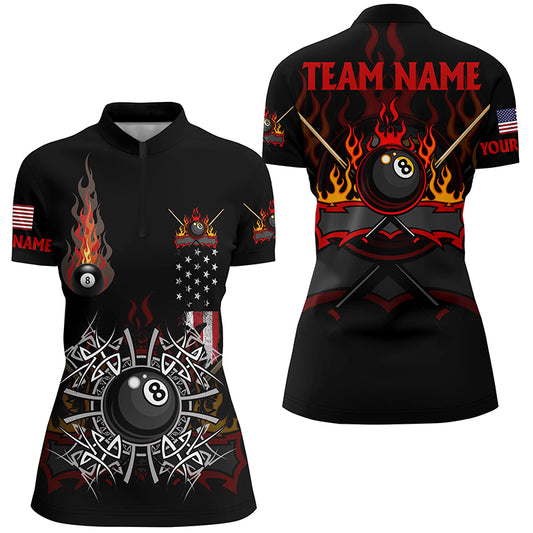 Personalized Billiard Fire American Flag Women Quarter-Zip Shirts, Unique Pool Player Shirts TDM0572