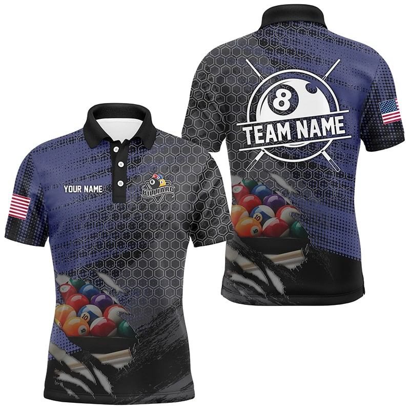 Blue And Black Billiard Polo & Quarter-Zip Shirts For Men Custom Billiard Team Shirts Pool Jerseys TDM2986