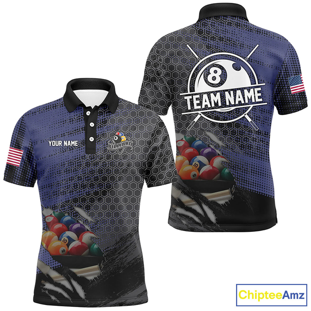 Blue And Black Billiard Polo & Quarter-Zip Shirts For Men Custom Billiard Team Shirts Pool Jerseys TDM2986