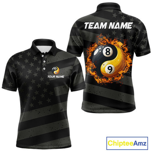 Black US Flag Yin-Yang 8 Ball & 9 Ball Custom Billiard Shirts For Men, Billiard Team Jersey TDM5460