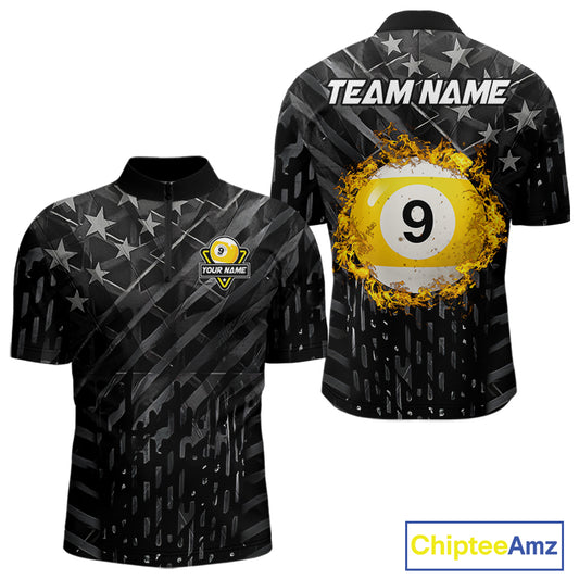 Black US Flag 9 Ball Fire Billiard Shirt For Men Custom Pool Team Billiard Jersey Polo & 1/4 Zip TDM5461
