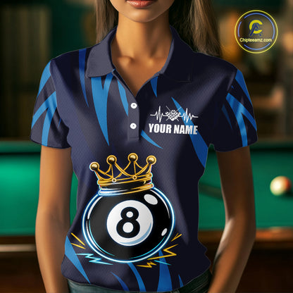 Blue Funny 8 Ball Pool Crown Neon Billiard Shirt For Women Custom Billiard Team Jersey Polo, 1/4 Zip TDM5737