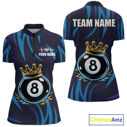 Blue Funny 8 Ball Pool Crown Neon Billiard Shirt For Women Custom Billiard Team Jersey Polo, 1/4 Zip TDM5737