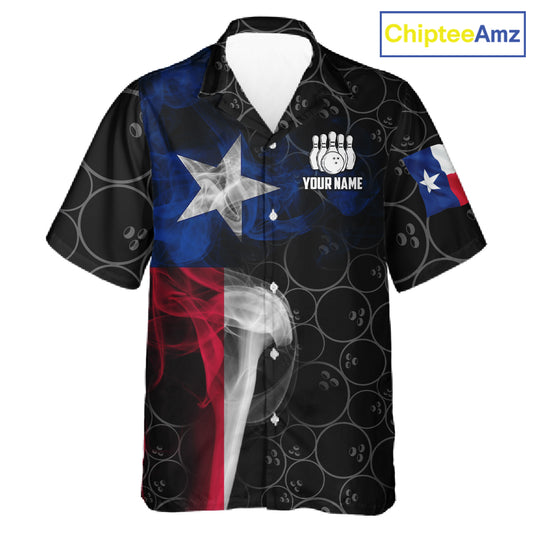 Personalized Texas Flag Smoke Hawaiian Bowling Shirt For Women, Patriotic Bowling Team Jersey TDM6088