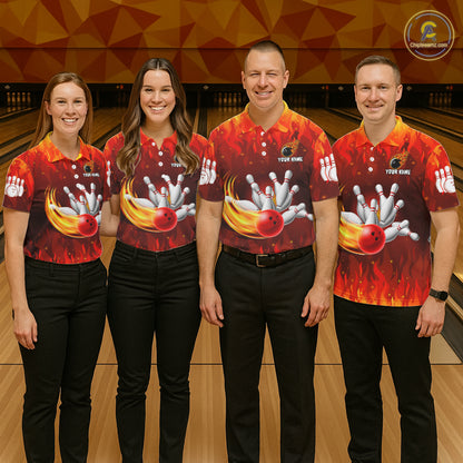 Personalized Flame Red Bowling Shirt For Women Custom Fire Bowling Team Jersey Polo & 1/4 Zip TDM6089