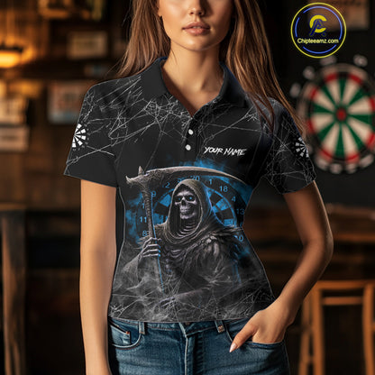 Black And Blue Grim Reaper Smoke Funny Dart Shirts For Women Custom Dart Jerseys, Darts Clothing TDM4005