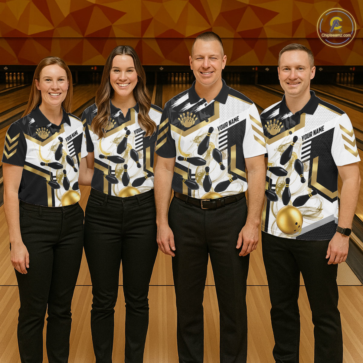 Custom Smoke Bowling Pins Polo & Quarter Zip Shirt For Women, Bowling League Team Jersey |Gold TDM6521