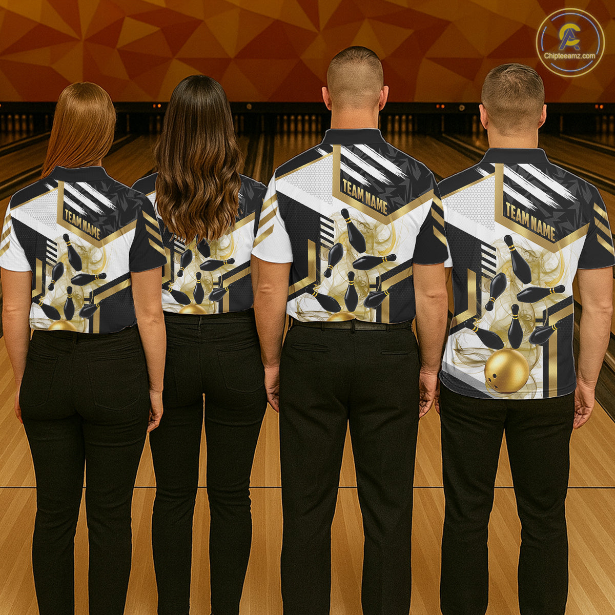 Custom Smoke Bowling Pins Polo & Quarter Zip Shirt For Women, Bowling League Team Jersey |Gold TDM6521