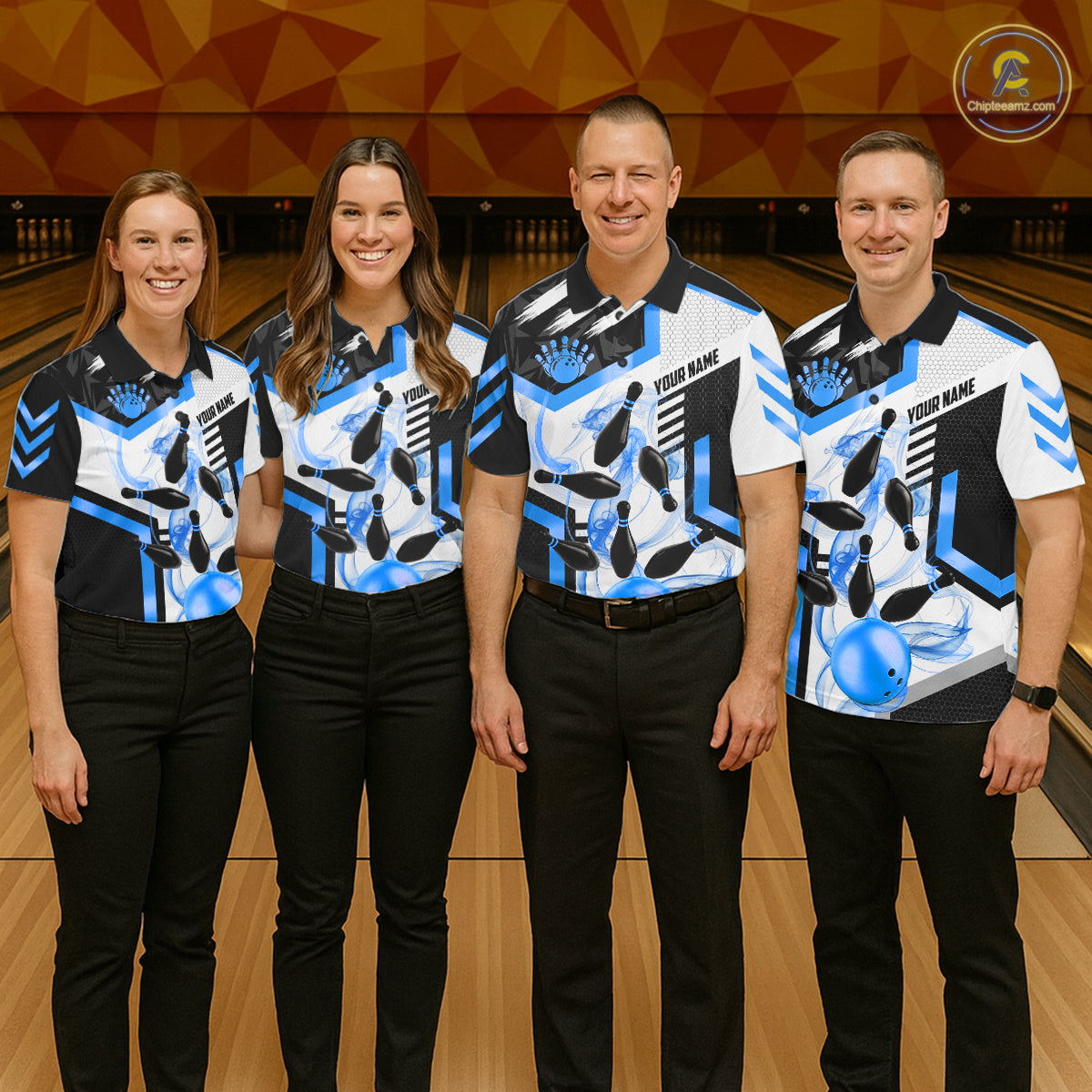 Custom Smoke Bowling Pins Polo & Quarter Zip Shirt For Women, Bowling League Team Jersey |Blue TDM6522