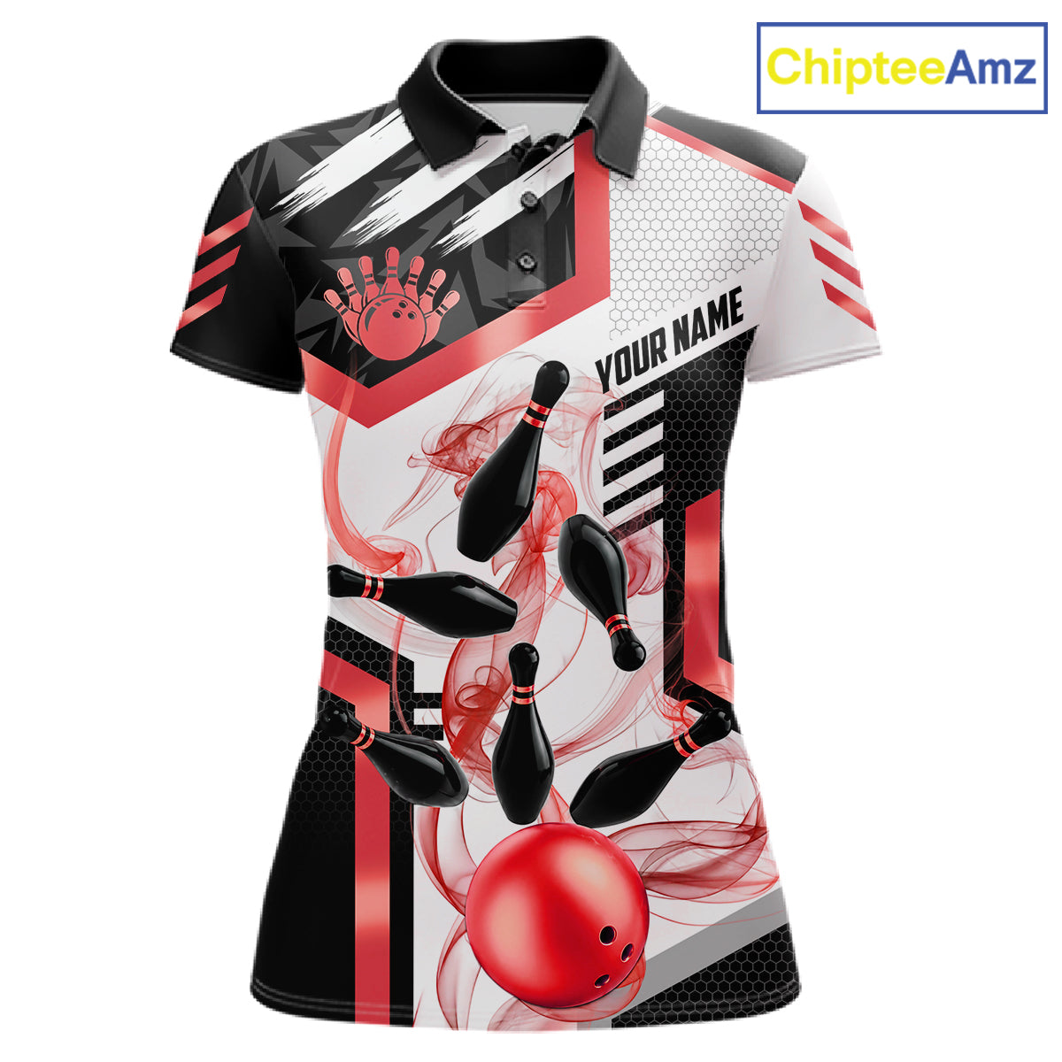 Custom Smoke Bowling Pins Polo & Quarter Zip Shirt For Women, Bowling League Team Jersey |Red TDM6523