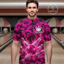 Load image into Gallery viewer, Custom Pink Camo Lightning Flame Bowling Jersey For Men, Bowling Team Shirts Polo &amp; 1/4 Zip TDM6524