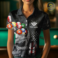 Load image into Gallery viewer, Personalized Grunge Skull Billiard Shirt For Women Custom Patriotic American Flag Pool Team Jerseys TDM4196