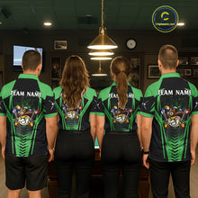Load image into Gallery viewer, Back view of pool players wearing matching green cowboy billiard shirts in a game room.