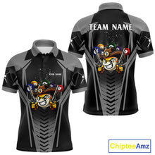 Load image into Gallery viewer, Grey 9 ball cowboy billiard polo shirt for men with funny pool team graphics.