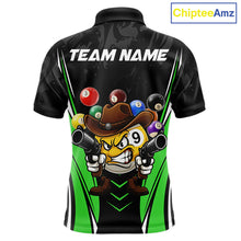 Load image into Gallery viewer, Black and green 8 ball and 9 ball billiard polo shirt for men with custom pool team graphics.