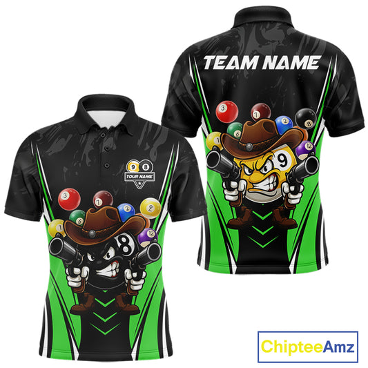 Black and green 8 ball and 9 ball billiard polo shirt for men with custom pool team graphics.