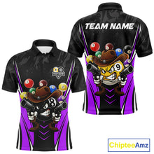 Load image into Gallery viewer, Black and purple 8 ball and 9 ball billiard polo shirt for men with custom pool team graphics.