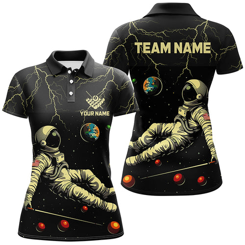 Personalized Black Astronaut Lightning Galaxy Billiard Shirts For Women, Funny Billiard Apparel TDM2029