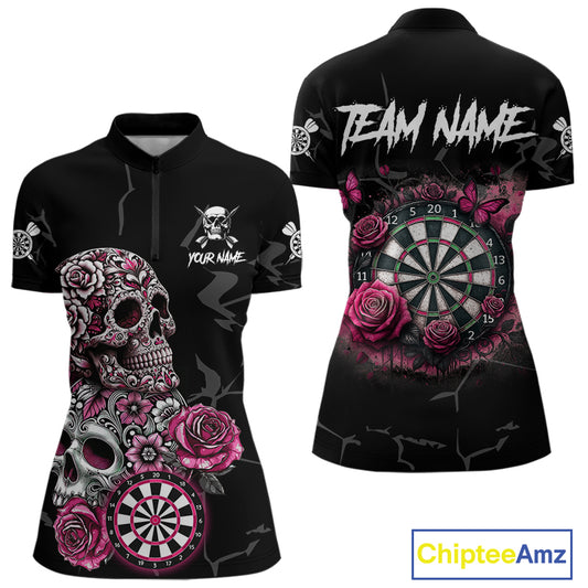 Personalized Pink Funny Skull Roses Darts Shirt For Women Custom Darts Team Jersey, Darts Outfit TDM4354
