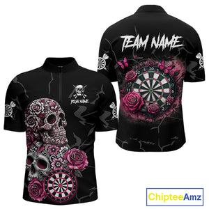 Personalized Pink Funny Skull Roses Darts Shirt For Men Custom Darts Team Jersey, Darts Outfit TDM4354