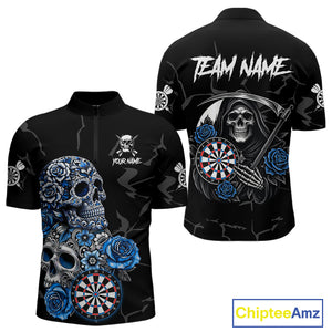 Personalized Blue Funny Skull Roses Darts Shirt For Men Custom Darts Team Jersey, Darts Outfit TDM4355