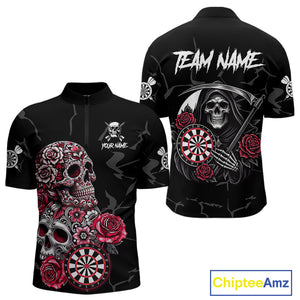 Personalized Red Funny Skull Roses Darts Shirt For Men Custom Darts Team Jersey, Darts Outfit TDM4356