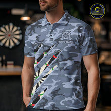Load image into Gallery viewer, Man wearing personalized blue military camo darts league team jersey polo shirt featuring blue military camouflage artwork, front view.