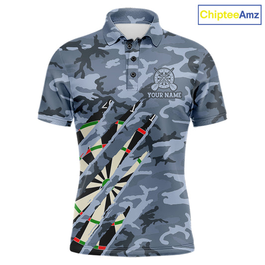 Personalized blue military camo darts league team jersey polo shirt for men featuring blue camouflage artwork, premium custom darts league apparel for tournaments and competitive teams.
