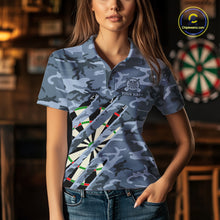 Load image into Gallery viewer, Woman wearing personalized blue military camo darts league team jersey polo shirt featuring blue military camouflage artwork, front view.