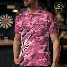 Load image into Gallery viewer, Man wearing personalized pink military camo darts league team jersey polo shirt featuring pink military camouflage artwork, front view.