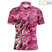 Load image into Gallery viewer, Personalized pink military camo darts league team jersey polo shirt for men featuring pink camouflage artwork, premium custom darts league apparel for tournaments and competitive teams.