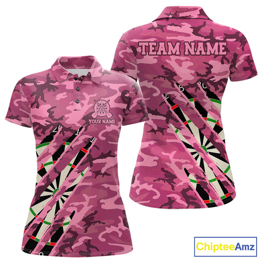 Personalized pink military camo darts league team jersey polo shirt for women featuring pink camouflage artwork, premium custom darts league apparel for tournaments and competitive teams.