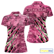 Load image into Gallery viewer, Personalized pink military camo darts league team jersey polo shirt for women featuring pink camouflage artwork, premium custom darts league apparel for tournaments and competitive teams.