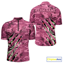 Load image into Gallery viewer, Personalized pink military camo darts league team jersey quarter zip shirt for men featuring pink camouflage graphics, premium custom darts apparel.