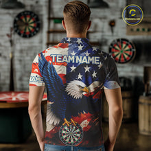 Load image into Gallery viewer, Man wearing personalized American flag eagle darts team jersey polo shirt featuring patriotic eagle artwork, back view.