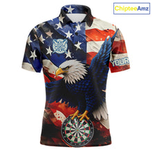Load image into Gallery viewer, Personalized American flag eagle darts team jersey polo shirt for men featuring patriotic eagle and American flag artwork, premium custom darts league apparel for tournaments and league play.