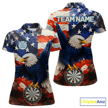 Load image into Gallery viewer, Personalized American flag eagle darts team jersey polo shirt for women featuring patriotic eagle and American flag artwork, premium custom darts league apparel for tournaments and league play.