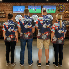 Load image into Gallery viewer, Darts team wearing matching personalized American flag eagle darts team jerseys featuring patriotic eagle graphics, front view.