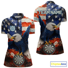 Load image into Gallery viewer, Personalized American flag eagle darts team jersey quarter zip shirt for women featuring bold American flag eagle graphics, premium custom darts apparel.